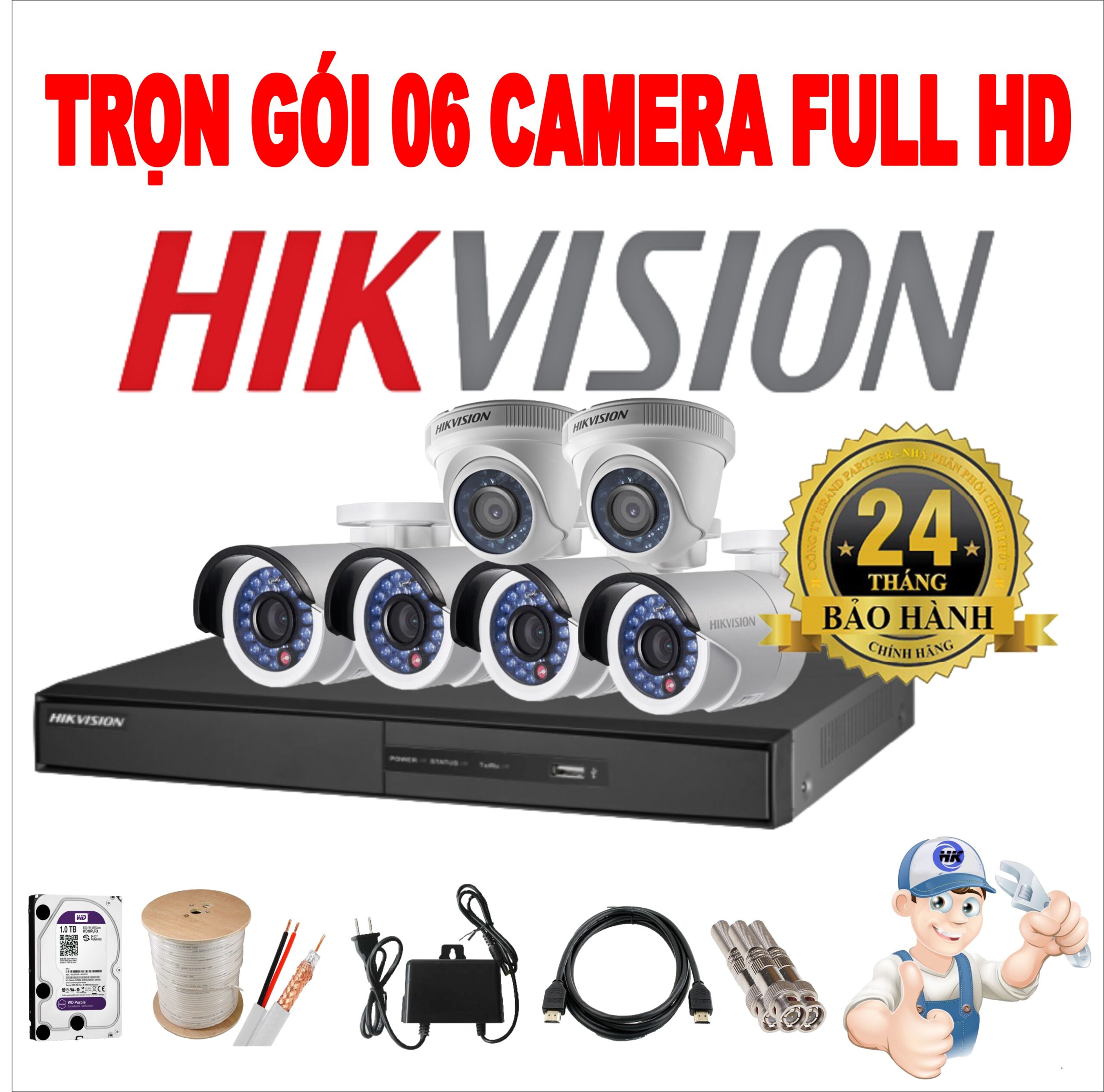 Trọn bộ lắp mới 6 camera Hikvision full HD